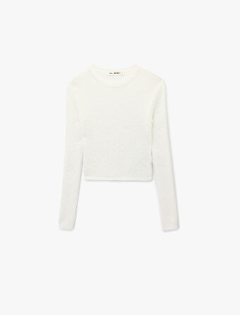 Uzun Kollu Bisiklet Yaka Slim Fit Dokulu Triko Crop Kazak