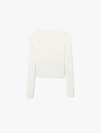 Uzun Kollu Bisiklet Yaka Slim Fit Dokulu Triko Crop Kazak