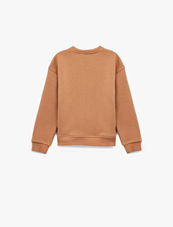 Pamuklu Uzun Kollu Bisiklet Yaka Kedi Baskılı Sweatshirt