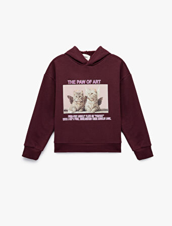 Uzun Kollu Kapşonlu Oversize Baskılı Sweatshirt