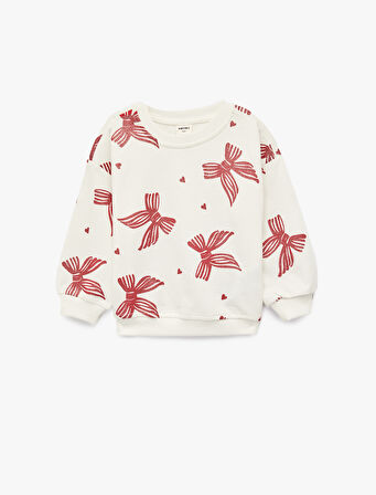 Fiyonk Baskılı Uzun Kollu Bisiklet Yaka Pamuklu Sweatshirt