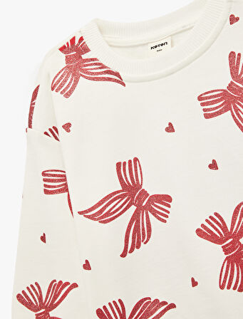 Fiyonk Baskılı Uzun Kollu Bisiklet Yaka Pamuklu Sweatshirt