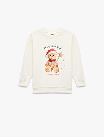 Bisiklet Yaka Şardonlu Yılbaşı Temalı Uzun Kollu Ayıcık Baskılı Pamuklu Sweatshirt