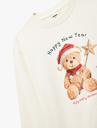 Bisiklet Yaka Şardonlu Yılbaşı Temalı Uzun Kollu Ayıcık Baskılı Pamuklu Sweatshirt