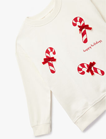 Uzun Kollu Şardonlu Bisiklet Yaka Yılbaşı Temalı Baskılı Pamuklu Sweatshirt