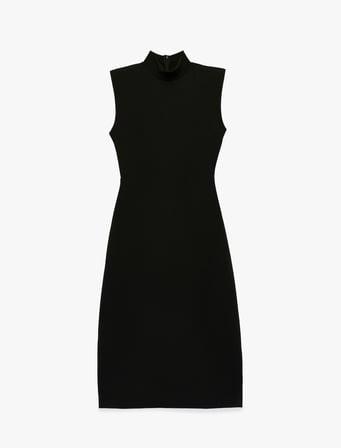 Krep Scuba Kumaş Dik Yaka Kolsuz Slim Fit Midi Elbise