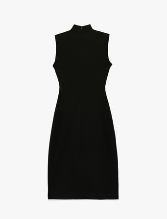 Krep Scuba Kumaş Dik Yaka Kolsuz Slim Fit Midi Elbise