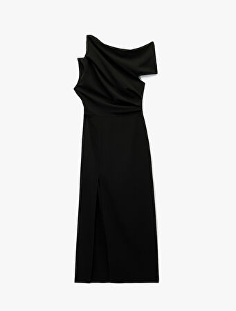 Tek Omuz Kolsuz Yırtmaç Detaylı Drapeli Midi Elbise