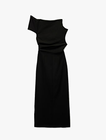 Tek Omuz Kolsuz Yırtmaç Detaylı Drapeli Midi Elbise