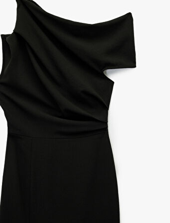 Tek Omuz Kolsuz Yırtmaç Detaylı Drapeli Midi Elbise