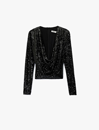 Uzun Kollu Degaje Yaka Pullu Payetli Crop Bluz