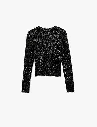Uzun Kollu Degaje Yaka Pullu Payetli Crop Bluz