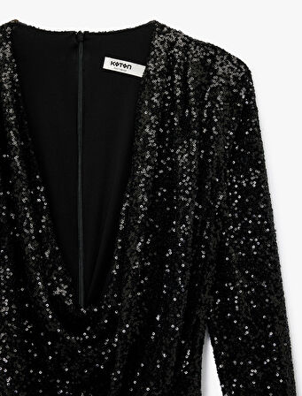 Uzun Kollu Degaje Yaka Pullu Payetli Crop Bluz