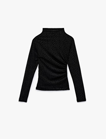 Slim Fit Uzun Kollu Geniş Dik Yaka Puantiyeli Tül Bluz