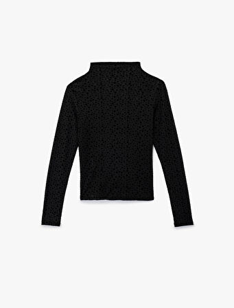 Slim Fit Uzun Kollu Geniş Dik Yaka Puantiyeli Tül Bluz