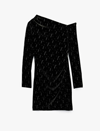 Slim Fit Uzun Kollu Taşlı Tek Omuz Mini Kadife Elbise