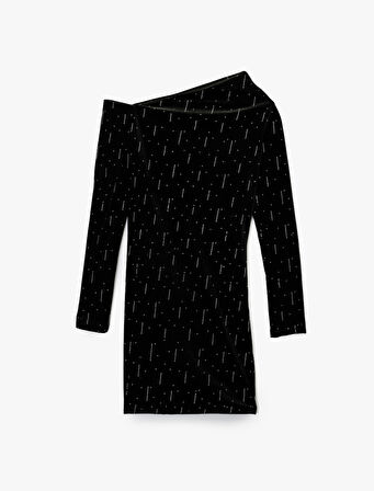 Slim Fit Uzun Kollu Taşlı Tek Omuz Mini Kadife Elbise