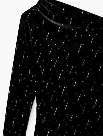 Slim Fit Uzun Kollu Taşlı Tek Omuz Mini Kadife Elbise