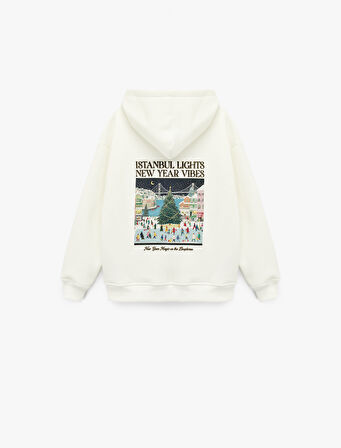 Pamuklu Uzun Kollu Baskılı Oversize Kapşonlu Yılbaşı Sweatshirt