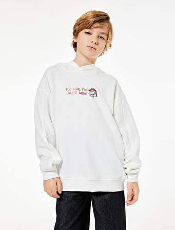 Pamuklu Uzun Kollu Yılbaşı Temalı Baskılı Kapşonlu Sweatshirt