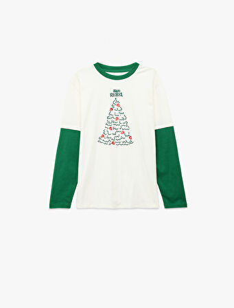 Yılbaşı Ağacı Baskılı Uzun Kollu Bisiklet Yaka Tişört