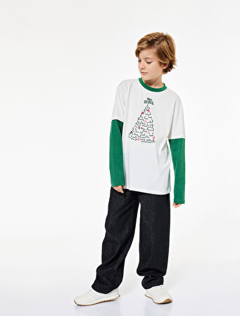 Yılbaşı Ağacı Baskılı Uzun Kollu Bisiklet Yaka Tişört