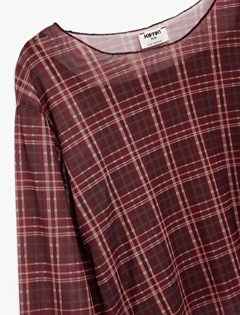 Uzun Kollu Bisiklet Yaka Ekoseli Crop Bluz