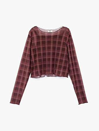 Uzun Kollu Bisiklet Yaka Ekoseli Crop Bluz