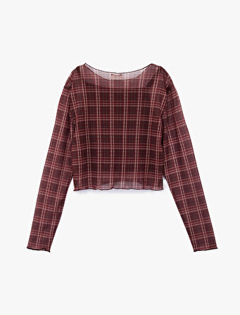 Uzun Kollu Bisiklet Yaka Ekoseli Crop Bluz