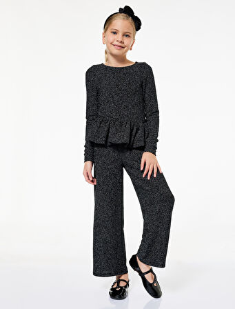 Uzun Kollu Bisiklet Yaka Sim Detaylı Fırfırlı Peplum Bluz