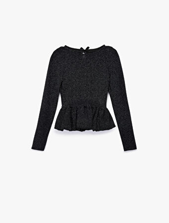 Uzun Kollu Bisiklet Yaka Sim Detaylı Fırfırlı Peplum Bluz