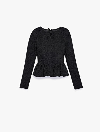 Uzun Kollu Bisiklet Yaka Sim Detaylı Fırfırlı Peplum Bluz