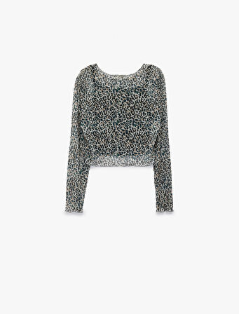 Leopar Desenli Uzun Kollu Bisiklet Yaka Crop Bluz