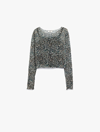 Leopar Desenli Uzun Kollu Bisiklet Yaka Crop Bluz