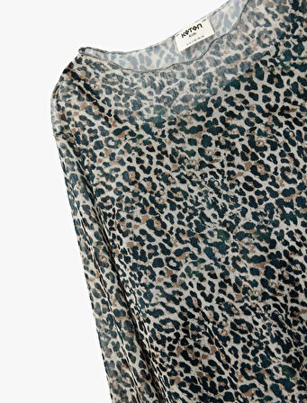 Leopar Desenli Uzun Kollu Bisiklet Yaka Crop Bluz