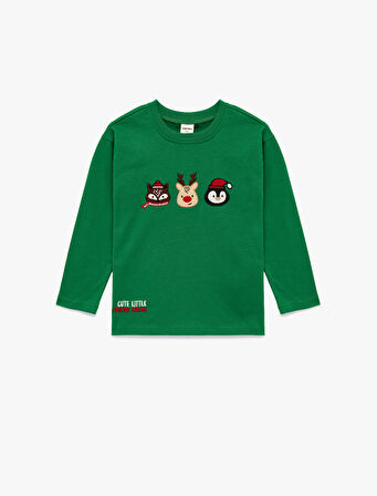 Pamuklu Uzun Kollu Bisiklet Yaka Yılbaşı Baskılı Tişört