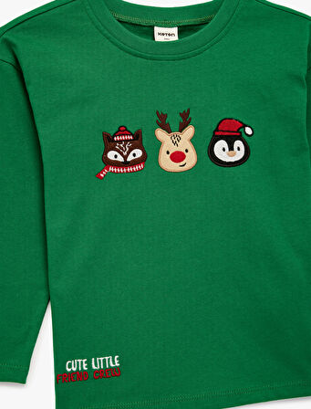 Pamuklu Uzun Kollu Bisiklet Yaka Yılbaşı Baskılı Tişört