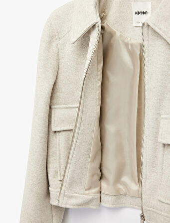 Kısa Kaban Kaşe Cepli Uzun Kollu Fermuarlı