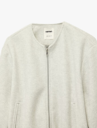 Kaşe Bomber Ceket Crop Bisiklet Yaka Fermuarlı Cepli Uzun Kollu