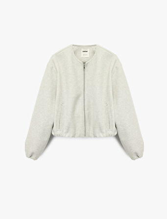 Kaşe Bomber Ceket Crop Bisiklet Yaka Fermuarlı Cepli Uzun Kollu