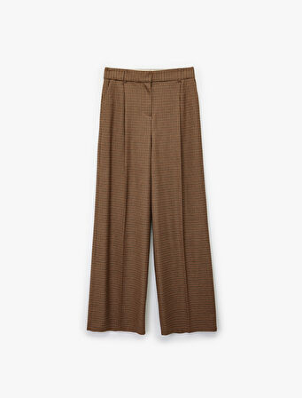 Yüksek Bel Geniş Paça Viskon Karışımlı Ekoseli Pantolon