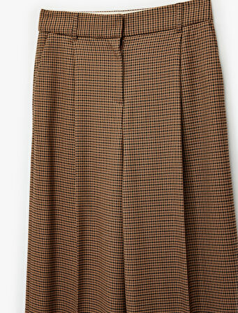 Yüksek Bel Geniş Paça Viskon Karışımlı Ekoseli Pantolon