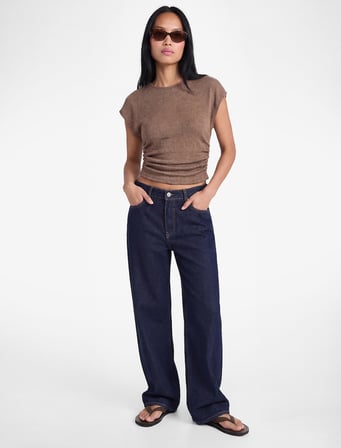 Bürümcük Kumaş Slim Fit Kısa Kollu Bisiklet Yaka Drapeli Dokulu Tişört