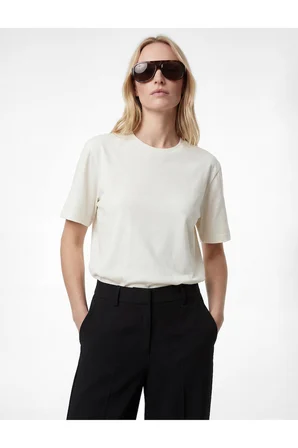 Ekru Kadın / Kız Pamuklu Kısa Kollu Bisiklet Yaka Oversize Basic Tişört Model Kodu: 6SAK50170EKEkru