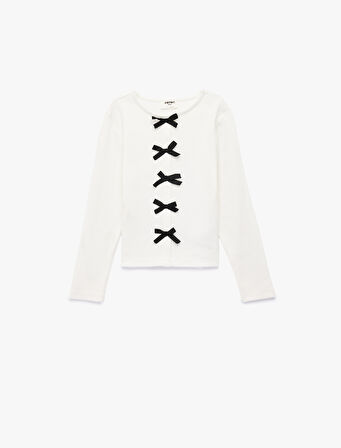 Fiyonklu Uzun Kollu Bisiklet Yaka Pamuklu Tişört