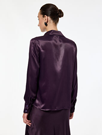 Uzun Kollu Düğmeli Klasik Yaka Taş Detaylı Viskon Saten Gömlek