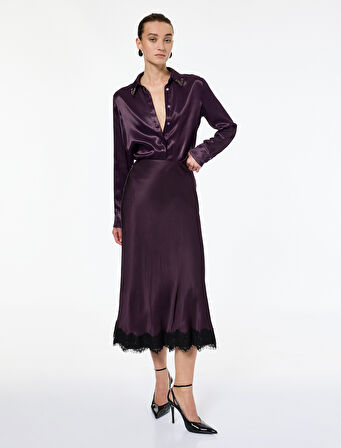 Uzun Kollu Düğmeli Klasik Yaka Taş Detaylı Viskon Saten Gömlek