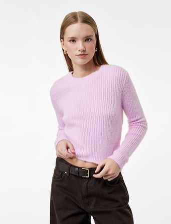 Uzun Kollu Bisiklet Yaka Slim Fit Dokulu Triko Crop Kazak