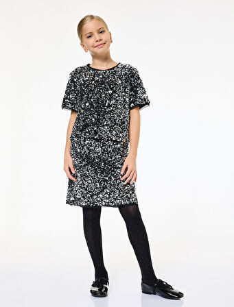 Bisiklet Yaka Kısa Kollu Pullu Payetli Yılbaşı Bluz