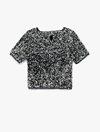 Bisiklet Yaka Kısa Kollu Pullu Payetli Yılbaşı Bluz
